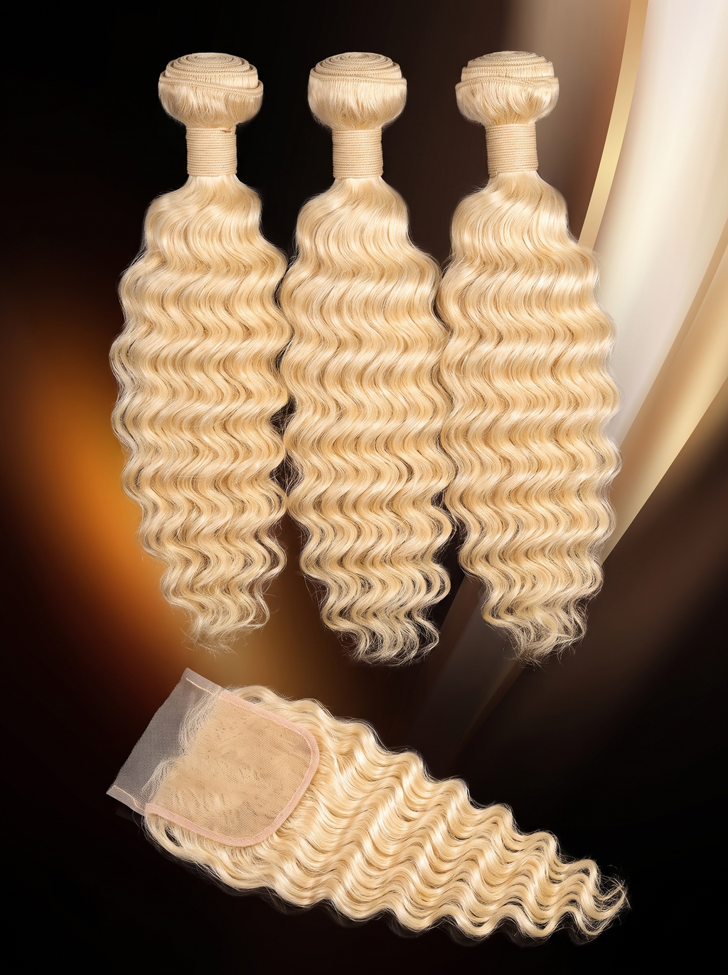 Cindarello Golden Tide™ 613 Blonde Deep Wave Bundles with 4x4 Lace Closure – 10/12/14 + 10” Human Hair Set