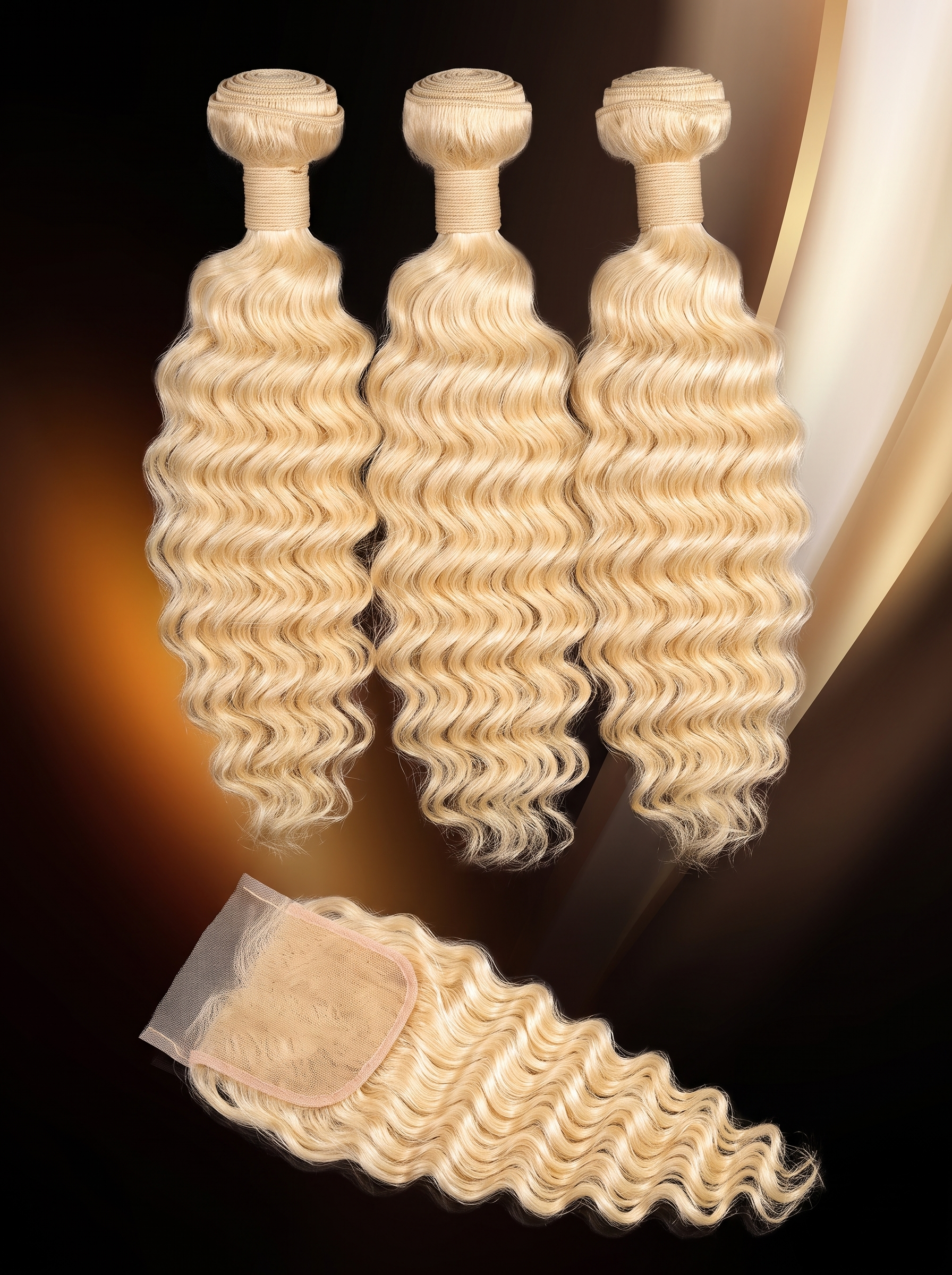 Cindarello Golden Tide™ 613 Blonde Deep Wave Bundles with 4x4 Lace Closure – 10/12/14 + 10” Human Hair Set