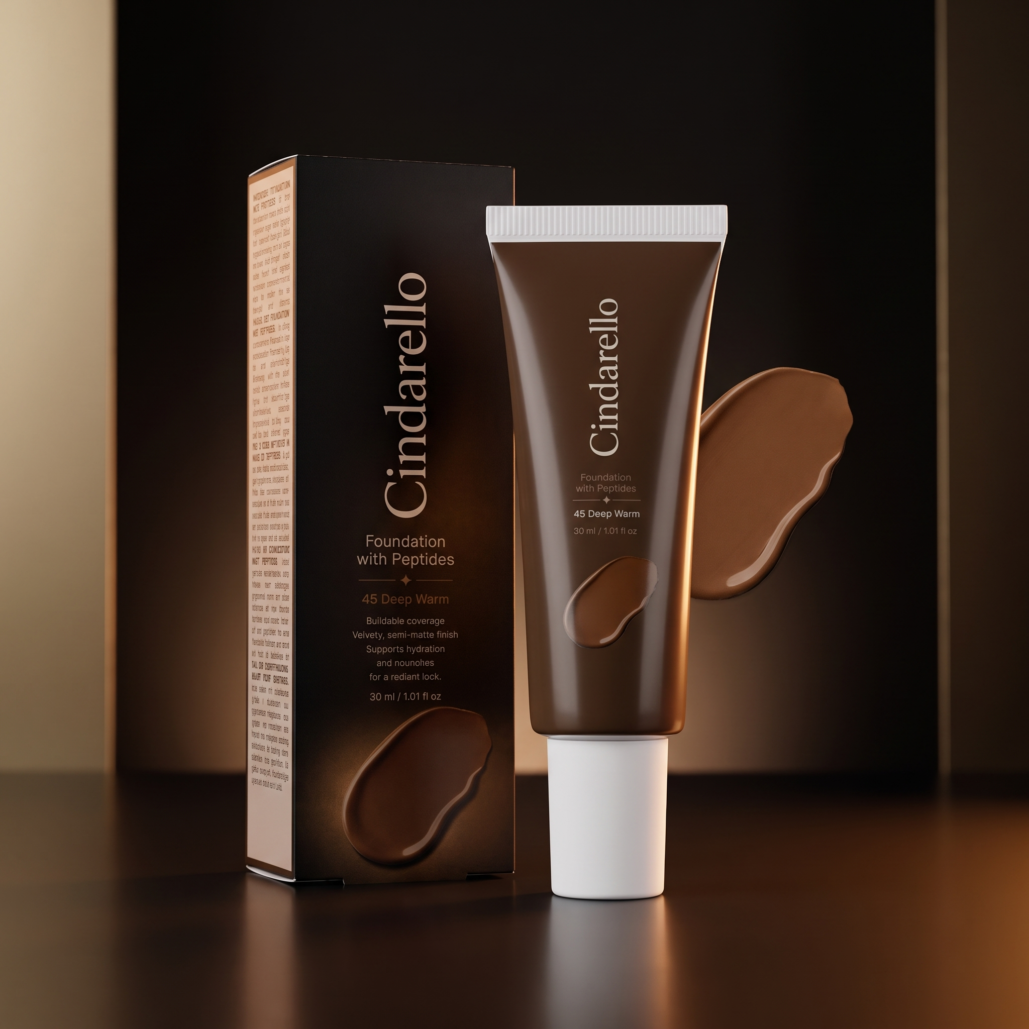 Cindarello Midnight Veil™ Foundation with Peptides — 45 Deep Warm, 30 ml