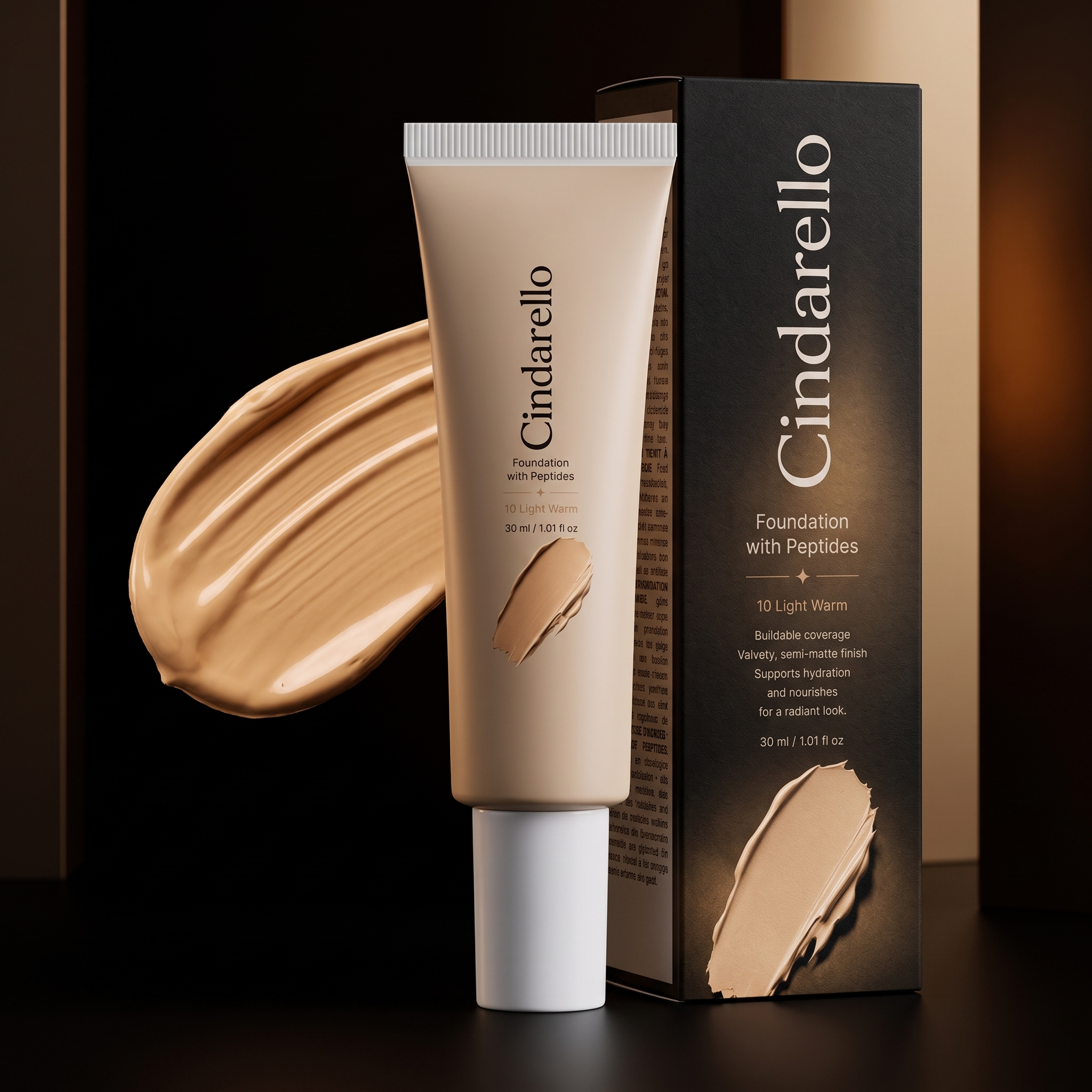 Cindarello Midnight Veil™ Foundation with Peptides — 10 Light Warm, 30 ml