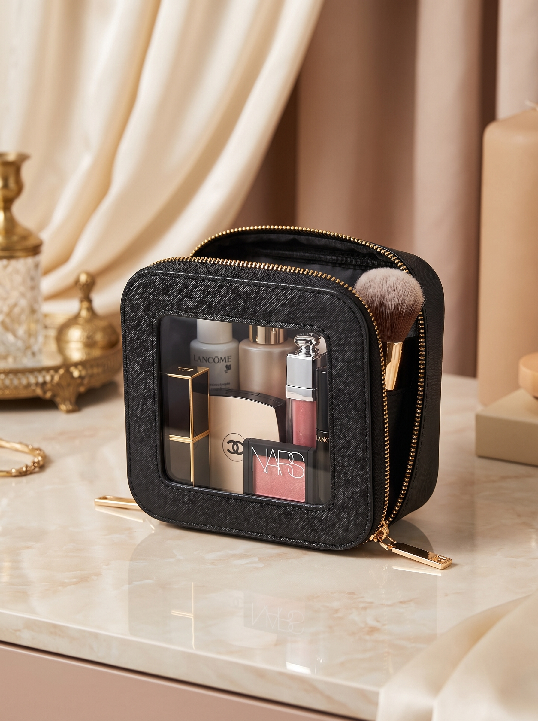 Midnight Mirror™ Clear Makeup Bag with Portable LED Compact Mirror | Cindarello Selection