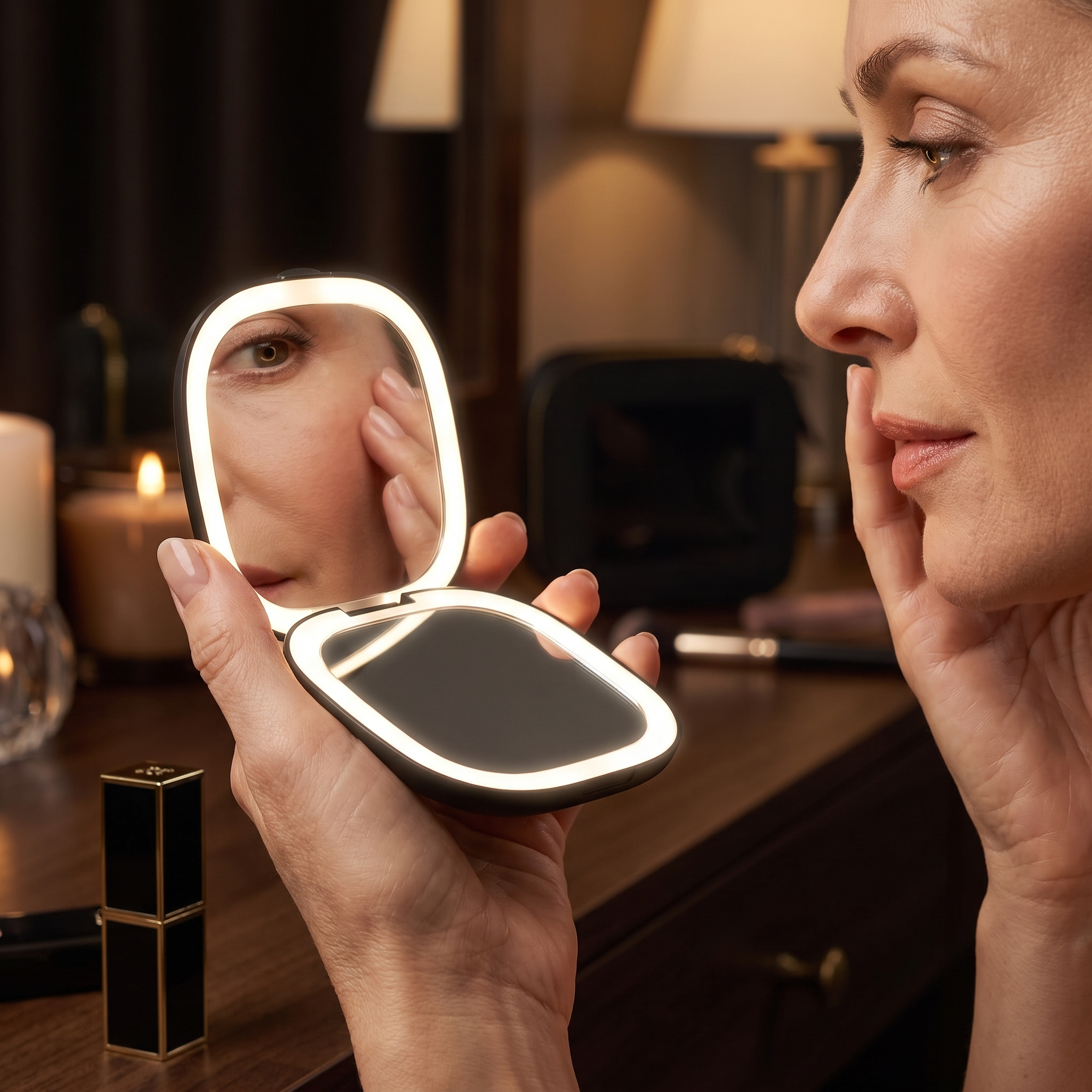 Midnight Mirror™ Clear Makeup Bag with Portable LED Compact Mirror | Cindarello Selection