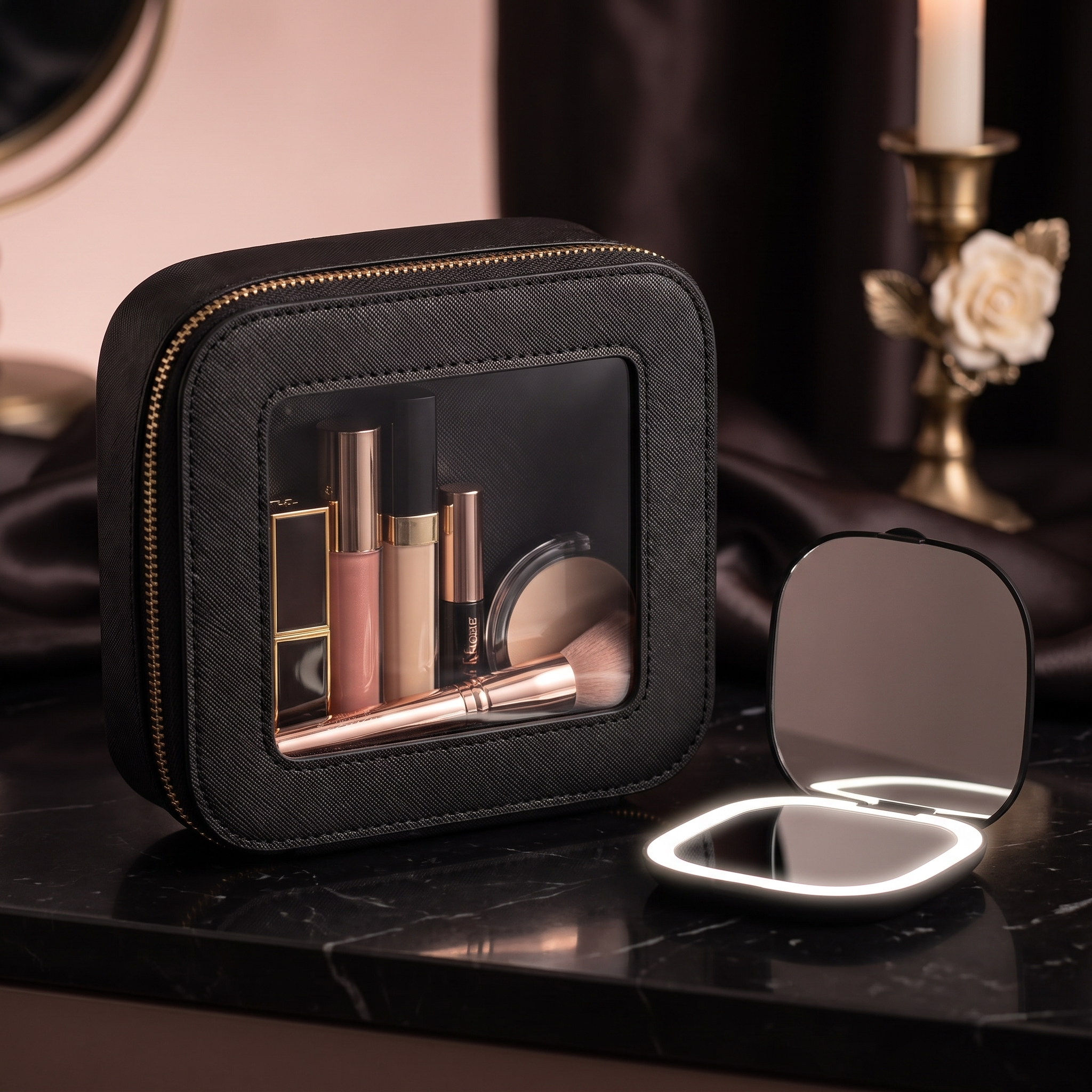 Midnight Mirror™ Clear Makeup Bag with Portable LED Compact Mirror | Cindarello Selection